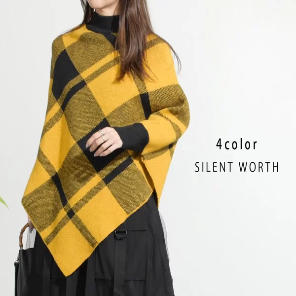 大判チェック柄ニットポンチョ