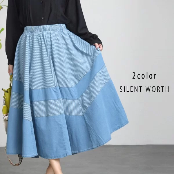 【2025新作】ストライプデニム切替フレアスカート