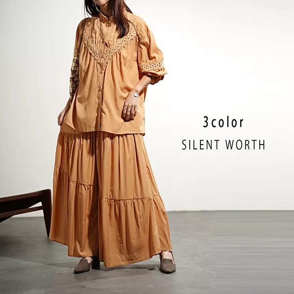 セットタックレース使い前開きブラウス×ギャザーフレアパンツ