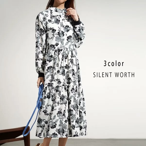 転写花柄ティアードワンピース