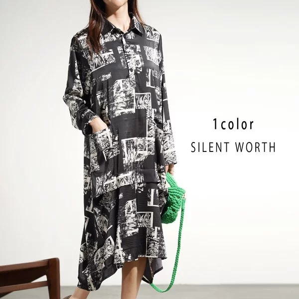 総柄タック襟付ワンピース