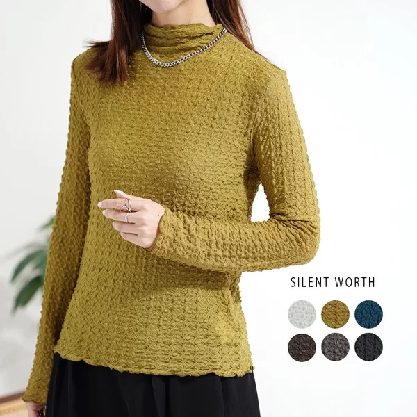 シアーふくれジャカードボトルネックトップス