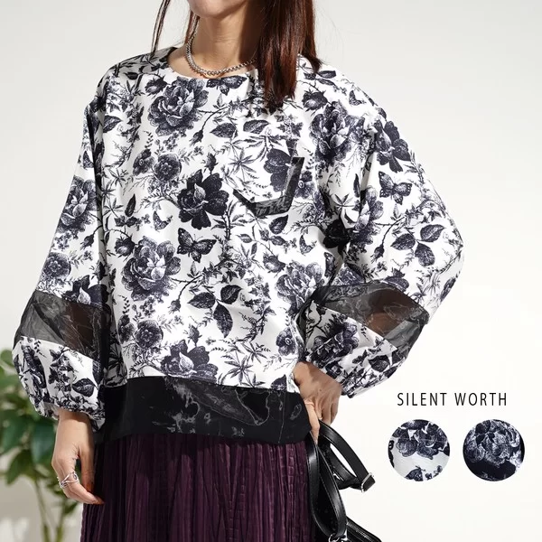 【30%OFF】【2026新作】花柄×オーガンジー切替プルオーバー(s)