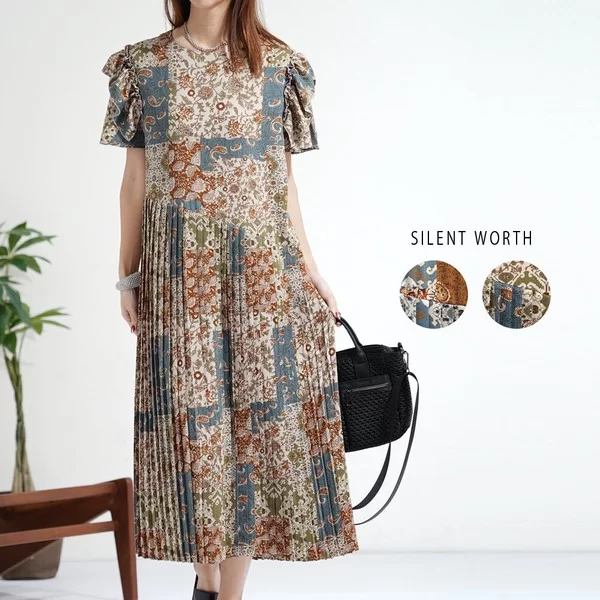 【2026新作】パッチワークエスニック柄プリーツワンピース(n)