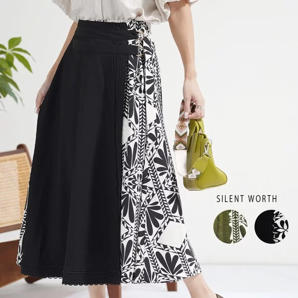 【2026新作】アシメ飾りベルトリーフ柄スカート(n)