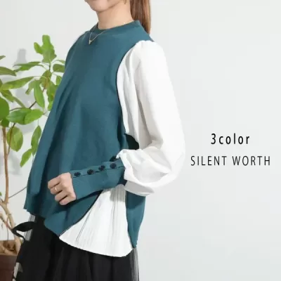 裾サイドプリーツ異素材切替プルオーバー(n)