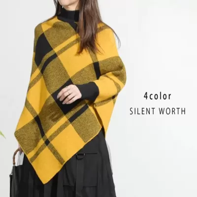 大判チェック柄ニットポンチョ