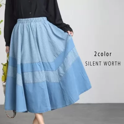 【2025新作】ストライプデニム切替フレアスカート