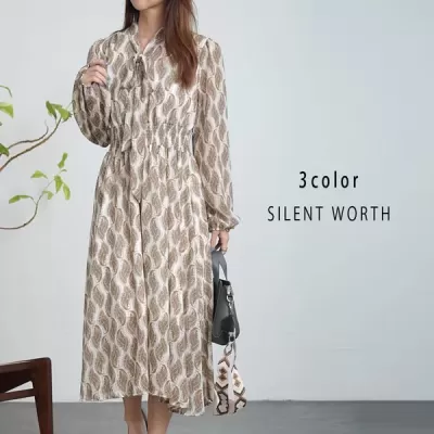 ボウタイデザイン総柄ワンピース