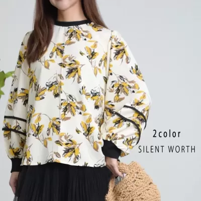 花柄ボリュームスリーブプルオーバー