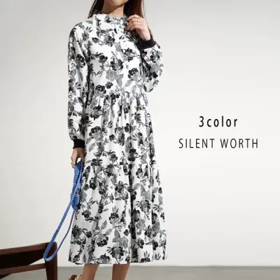 転写花柄ティアードワンピース