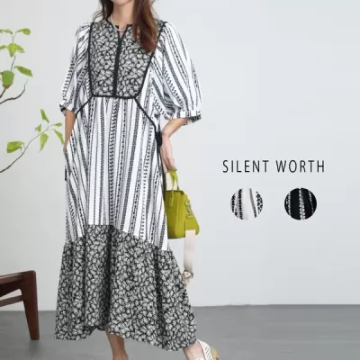 モノトーンプリント切替マキシワンピース