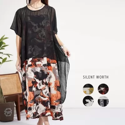 2枚セットシフォン変形プルオーバー×総柄キャミワンピース