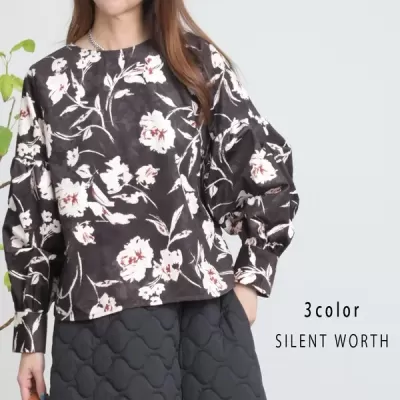 花柄タックスリーブプルオーバー