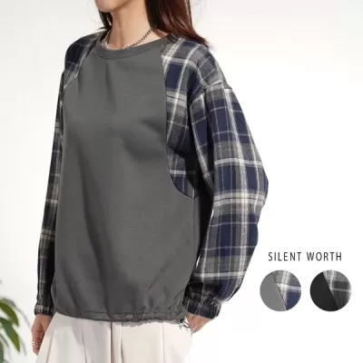 袖起毛チェック切替プルオーバー