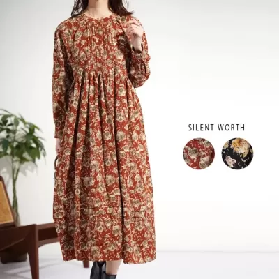 ボカシ花柄タックワンピース