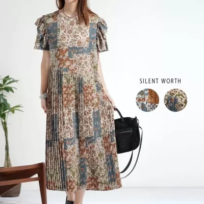 【2026新作】パッチワークエスニック柄プリーツワンピース(n)