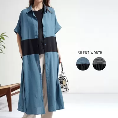 【2026新作】ストライプ配色ロングシャツワンピース(n)