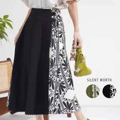【2026新作】アシメ飾りベルトリーフ柄スカート(n)